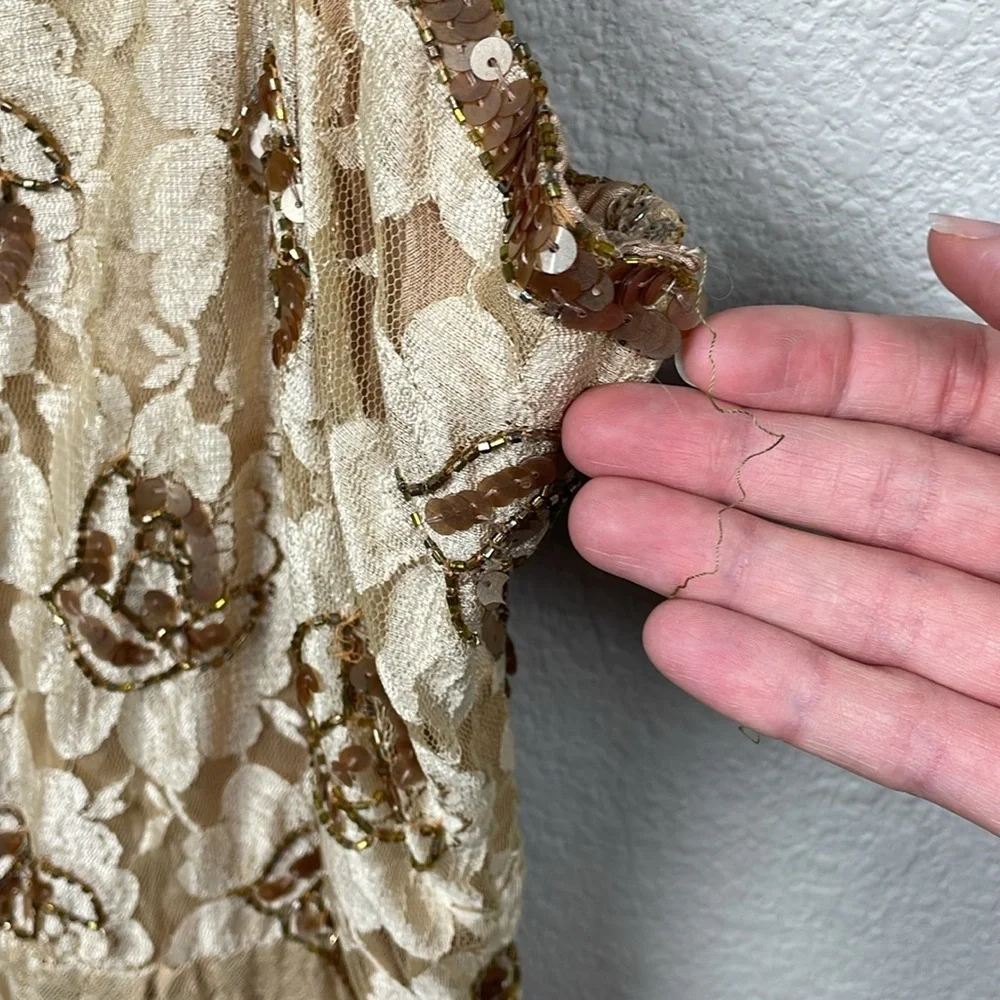 NWT Channa Deadstock Sequin Floral Lace Midi A Line Dress Gold Hand Crafted Sz M - Picture 14 of 16